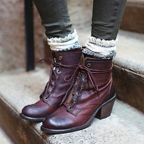 Free People Luxury Rebel Aberdeen Zip Lace Up Ankle Boot Burgundy 6 - Picture 1 of 13